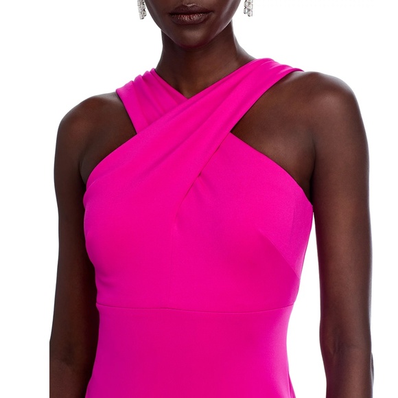 NEW ELIZA J Hot Pink SCUBA CREPE Crisscross HALTER Ruffle HIGH LOW Dress GOWN 2 - Picture 10 of 16